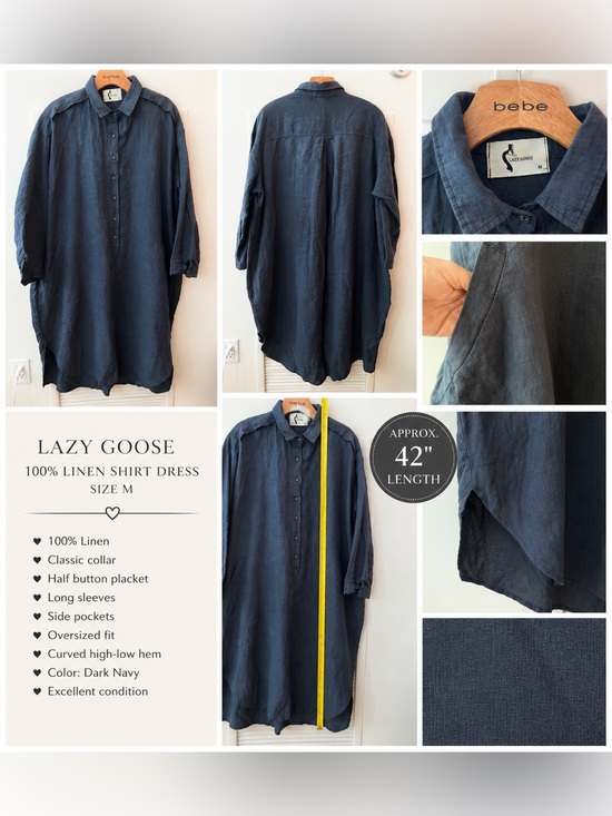Dresses & Skirts - LAZY GOOSE 100% Linen Dark Charcoal Gray Shirt Dress